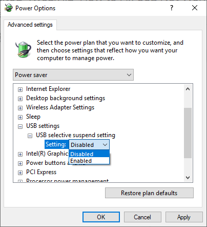 Disable USB suspend setting