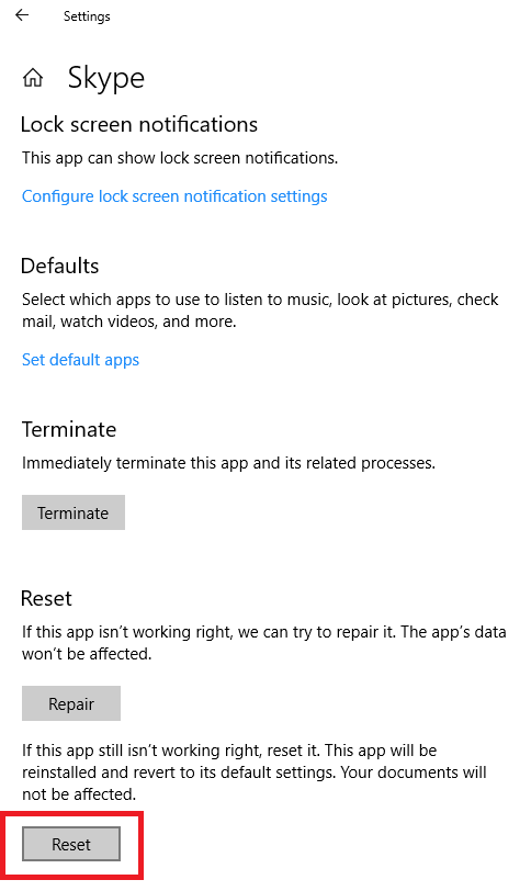 Click on Reset Button to revert Skype