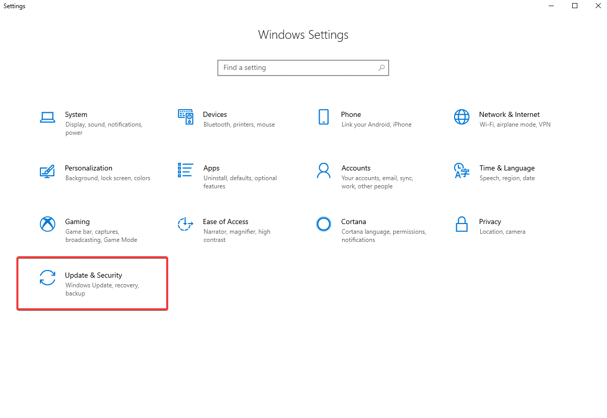 Click on Update and Security on Windows Setting
