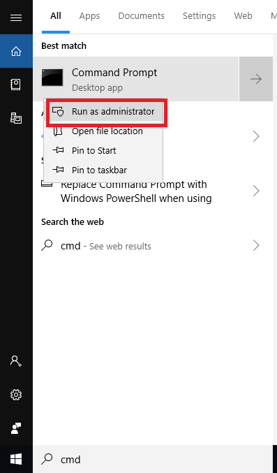 Click on the Command prompt to Run as Administrator
