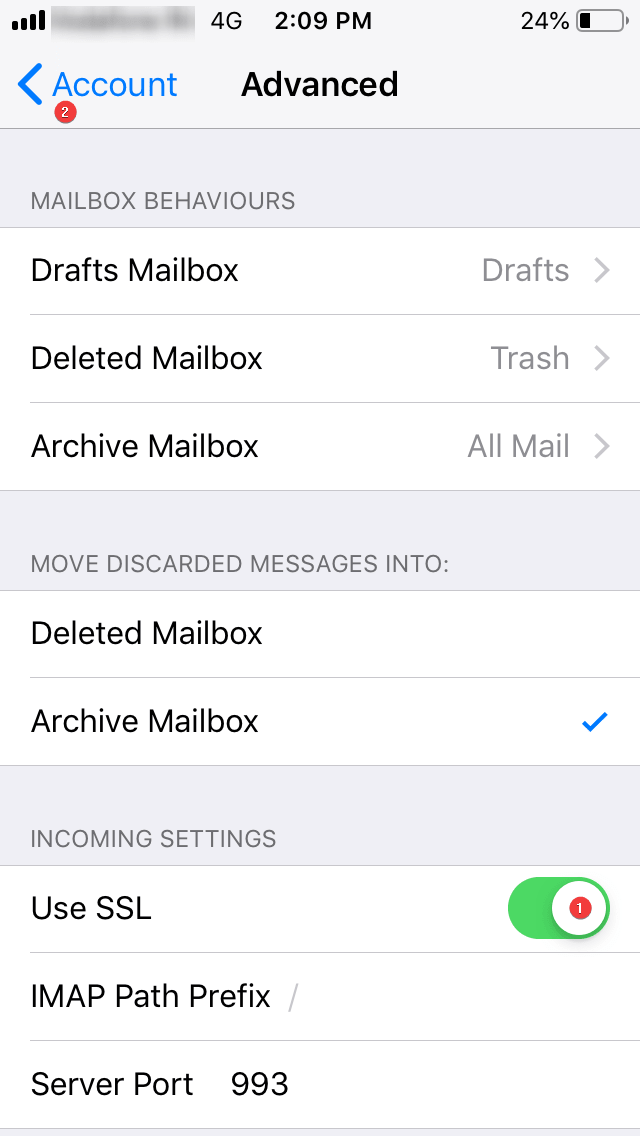 Enable Use SSL Button on iPhone Advanced Setting