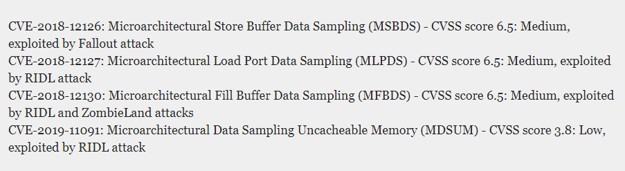 MDS vulnerabilities exploited by RIDL and Fallout
