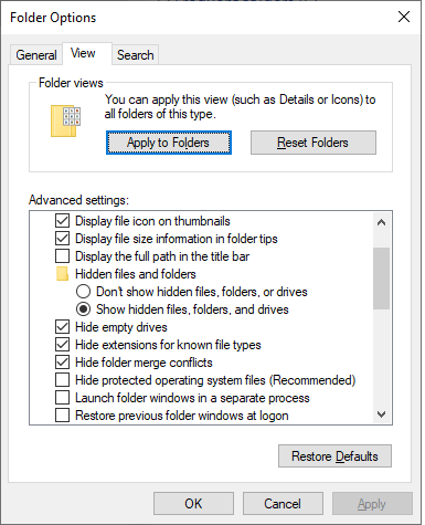 Open Advanced Setting in Folder Option Window