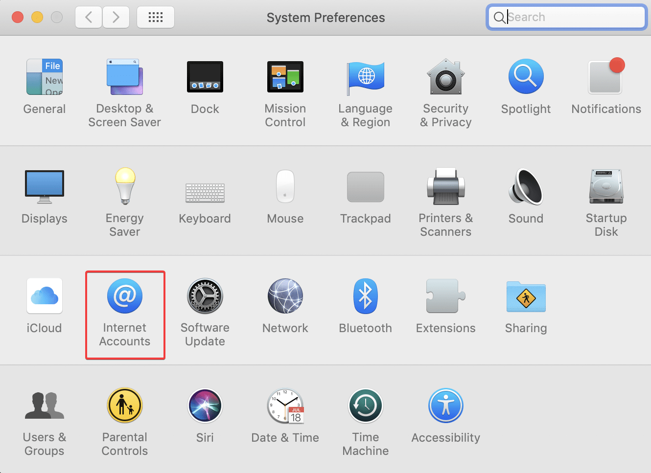 Open Internet Accounts on Mac Setting