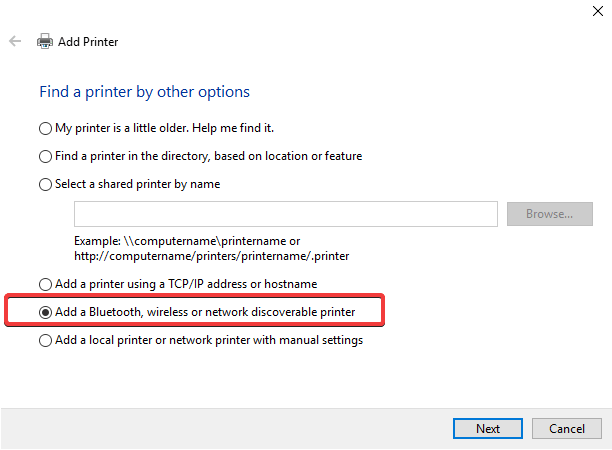 Select Add a bluetooth, wireless or network discoverable printer