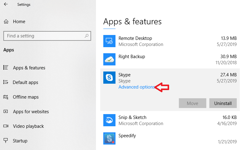 Select Advanced Options of Skype