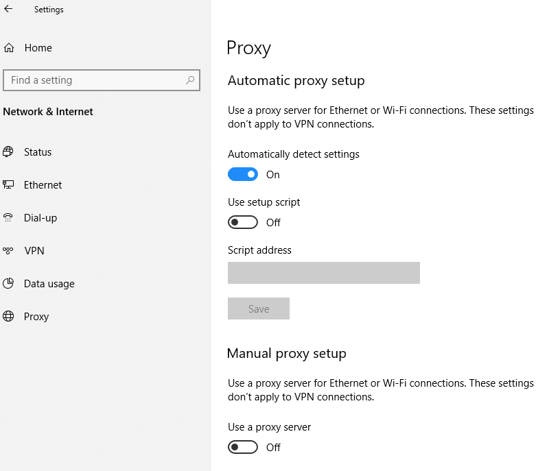 Use Proxy Server to off toggle