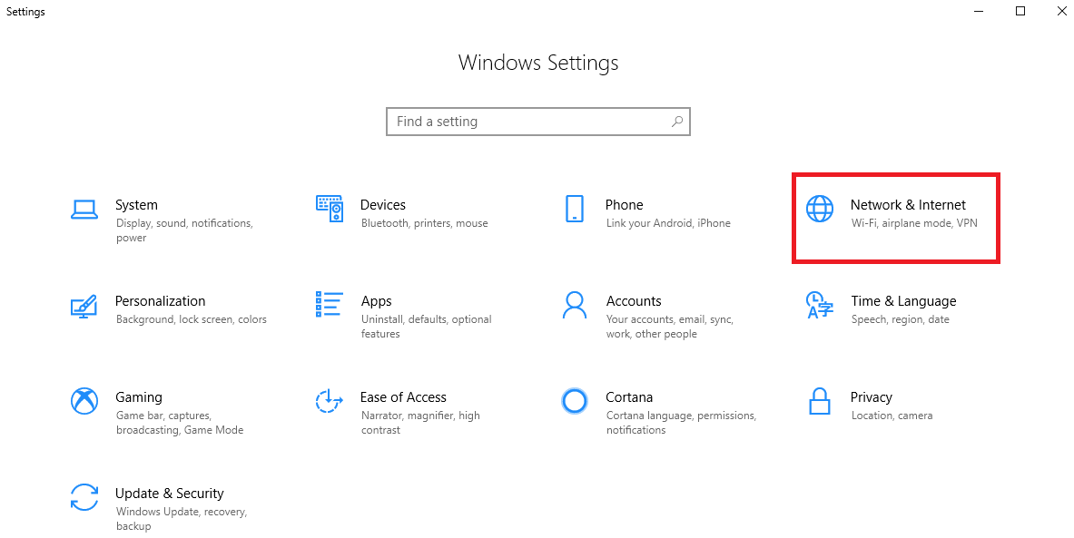 click on Network and Internet of Windows Setting