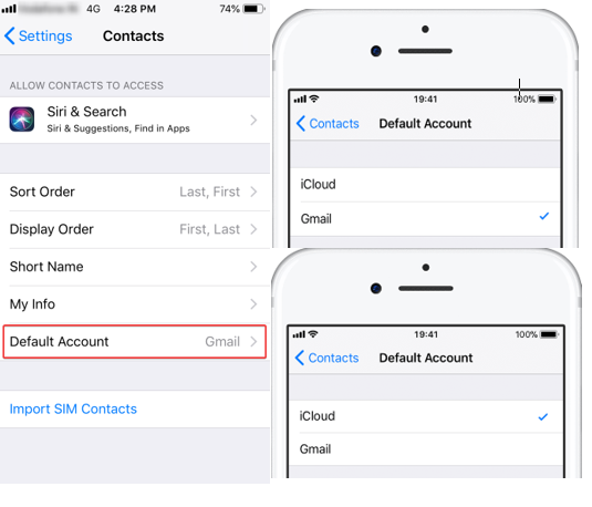 configure default contact account -iPhone