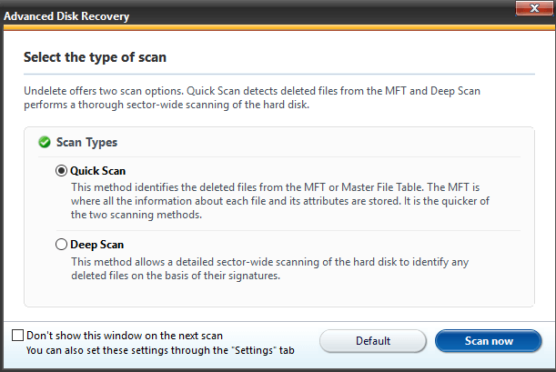 Advanced Data Recovery- Select the Type of Scan
