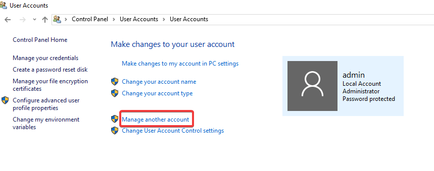 Manage Another Account in User Account