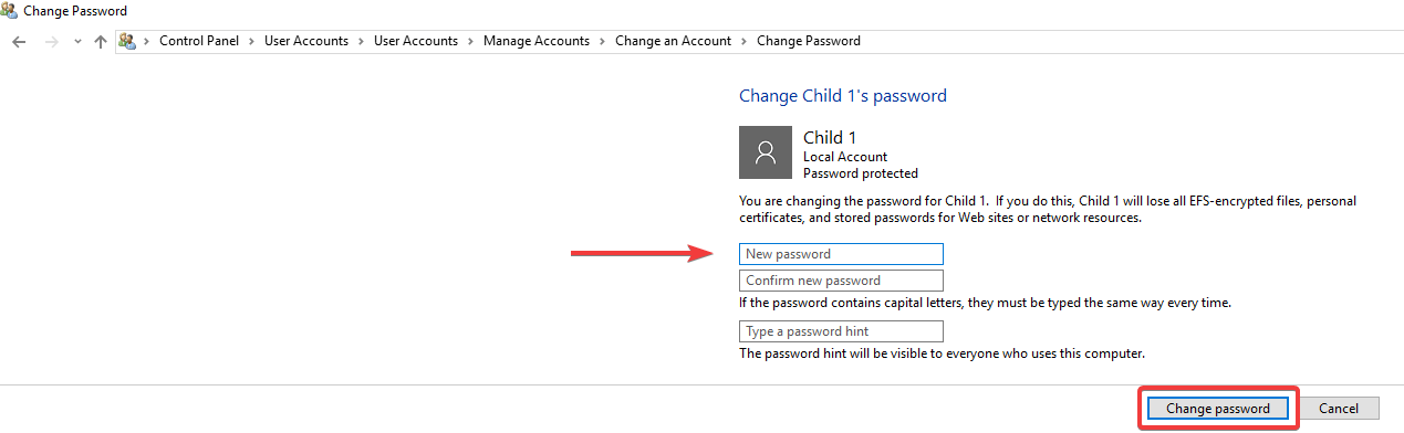 Re-type the password