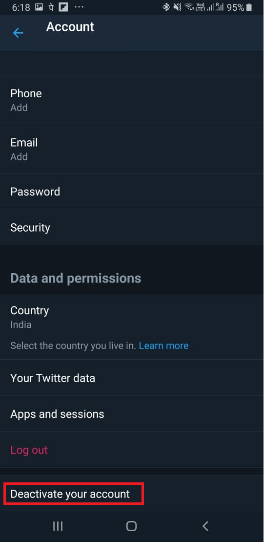 Click on deativate account on android