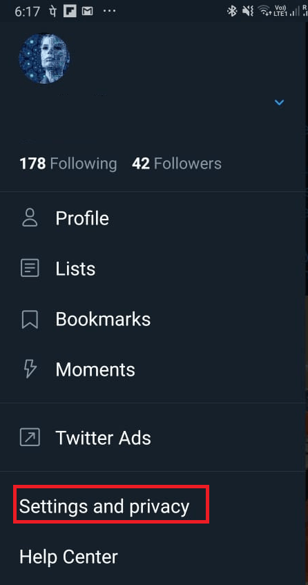 Open Setting and Privacy of twitter Android