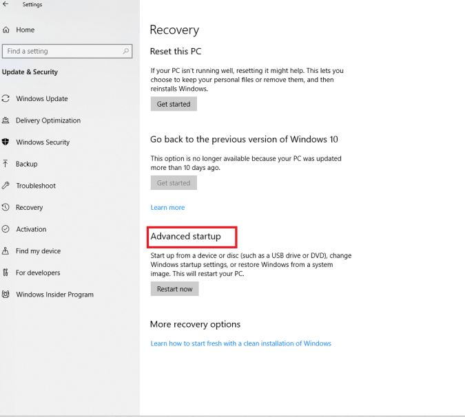 Advanced Startup tool - Windows 10 Safe Mode