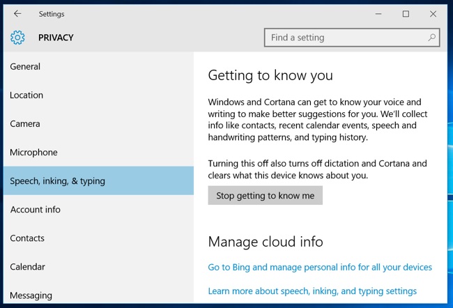 Speech and inking option_Cortana