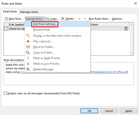 Change or Edit outlook rules