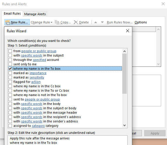 Outlook Email rule setup wizard