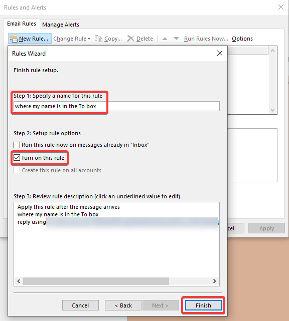 Finish creating a rule in outlook