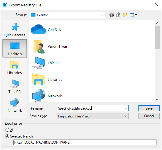 Select Location For Specific Registry Backup