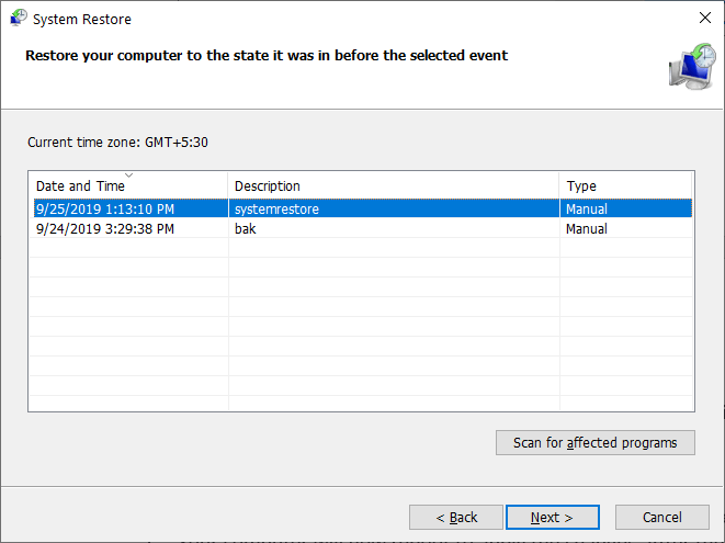 Select Restore Point