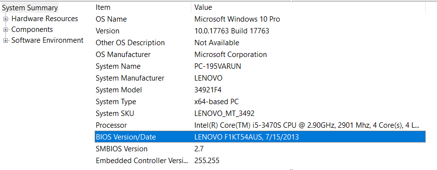 System Information screen of BIOS