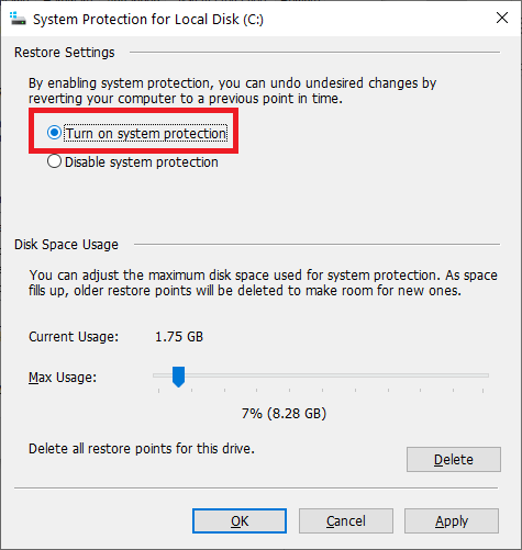 Turn on System Protection