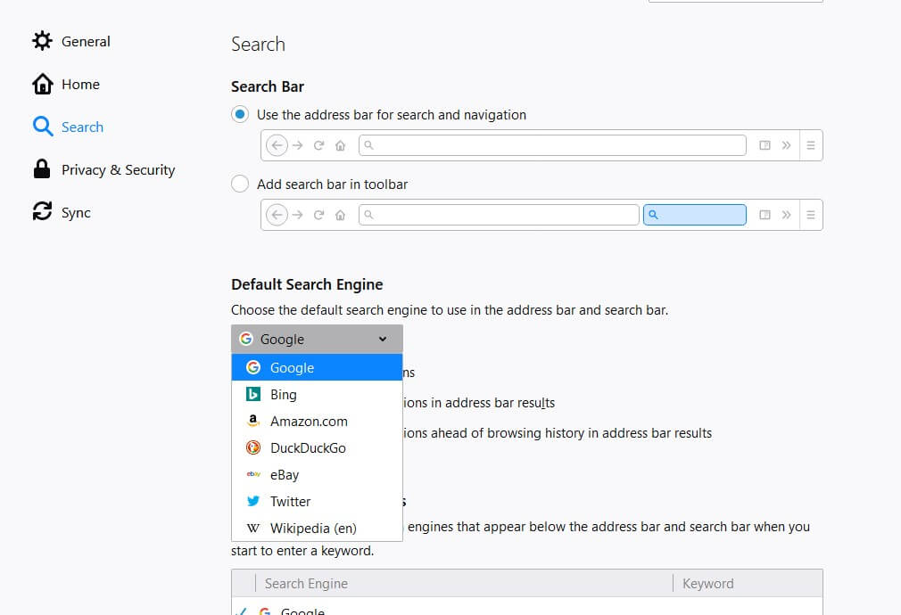 change search engine firefox