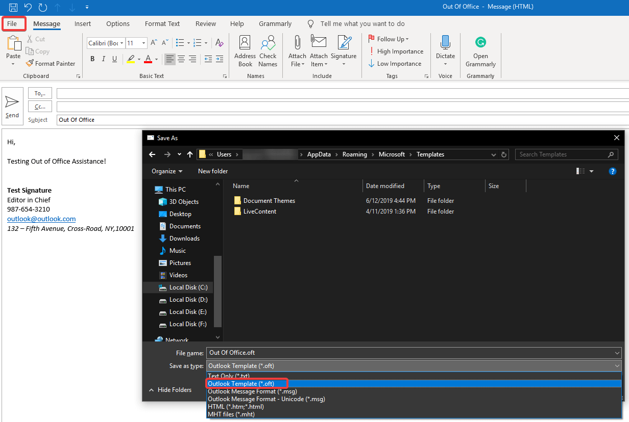 creating out of office template in outlook