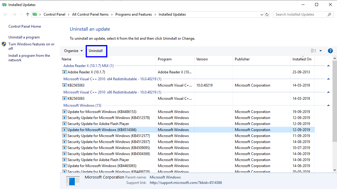uninstall updates from list