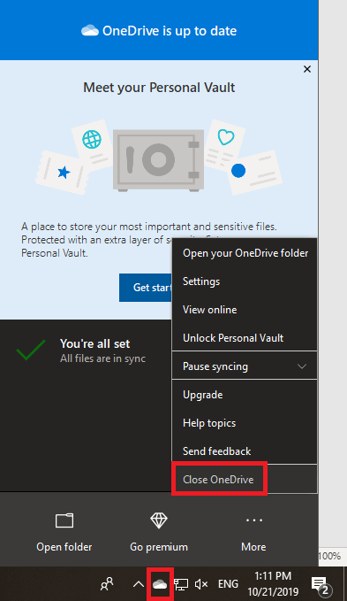 Close OneDrive from Notification Bar