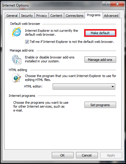 set internet explorer as default