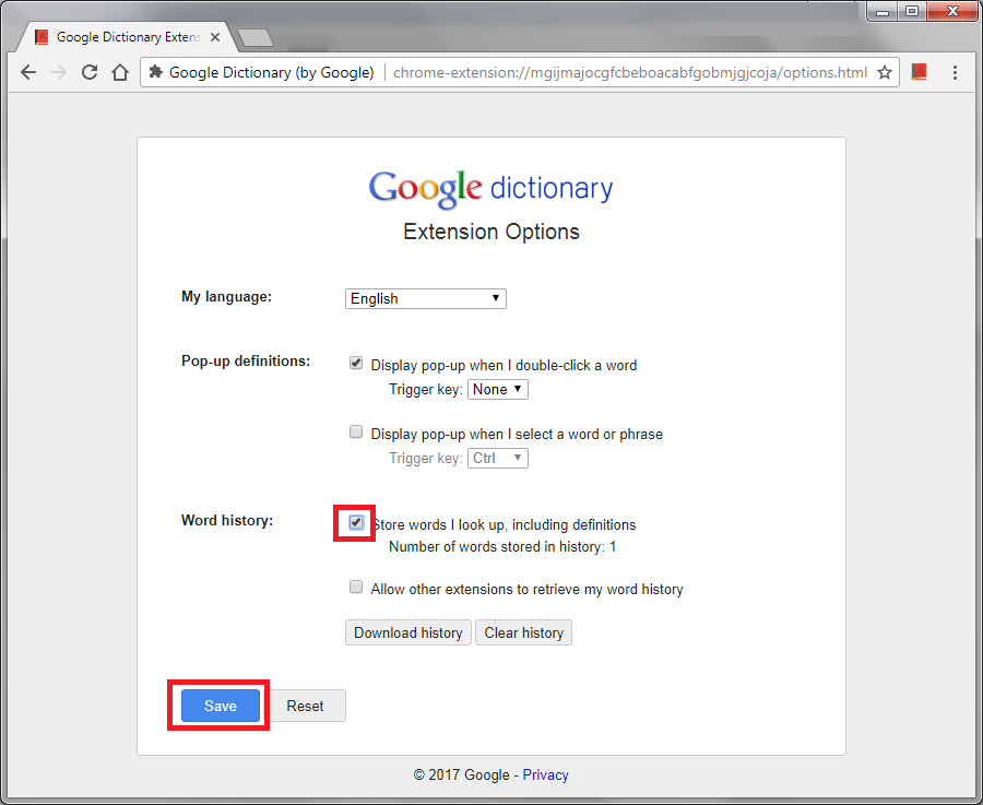 Google Dictionary word history settings