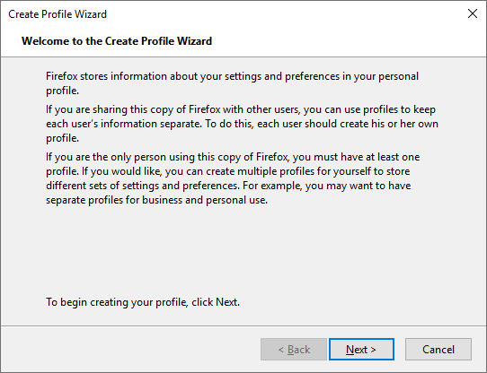 Profile wizard. Firefox profiles.