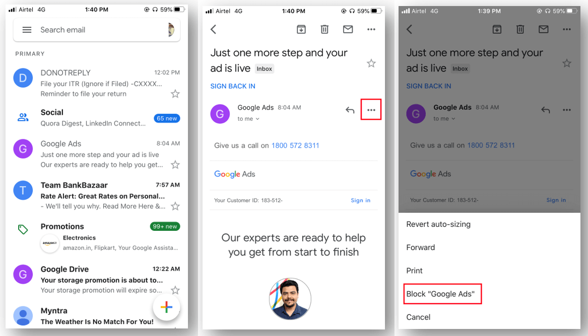 how to block emails on gmail on iphone