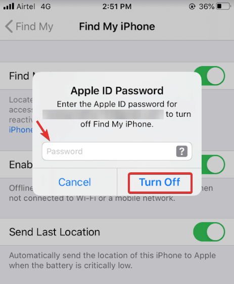 enter your Apple password and turn off find my iphone